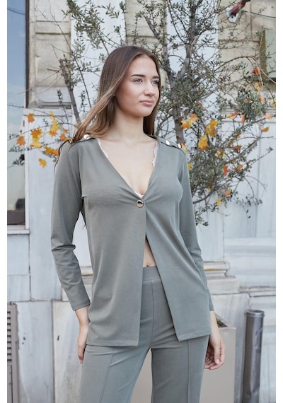 Kadın İpeksi Esnek Modal Kumaş V Yaka Uzun Kol Omuz Aksesuarlı Düğmeli Uzun Blazer Ceket-haki Haki Kadın İpeksi Esnek Modal Kumaş V Yaka Uzun Kol Omuz Aksesuarlı Düğmeli Uzun Blazer Ceket-haki Haki