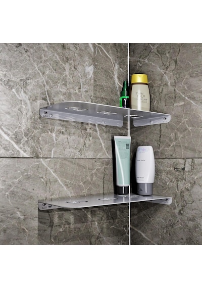 Paslanmaz Çelik 2 Katlı Köşe Banyo Rafı Sedir Model 30,3x15,3 Cm - Yapıştırmalı & Vidalı Montaj Çok Renkli