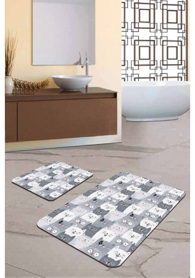 Gri Kedi Desenli Banyo Halısı Klozet 2'li Paspas Seti Bs253n11