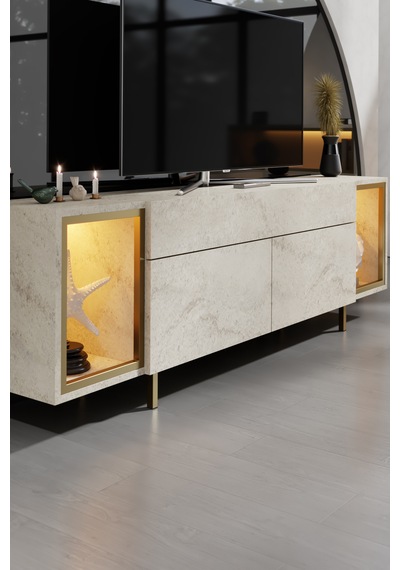 Zenith Gold Demir Ayaklı Rgb Led Işık Sistemli Traverten Tv Ünitesi Tv Sehpası Traverten - Altın Zenith Gold Demir Ayaklı Rgb Led Işık Sistemli Traverten Tv Ünitesi Tv Sehpası Traverten - Altın