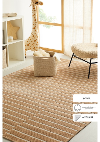 Ocean Home Textile Bej Renk Çizgi Desenli Şönil Halı Kilim 120 X 180 Cm