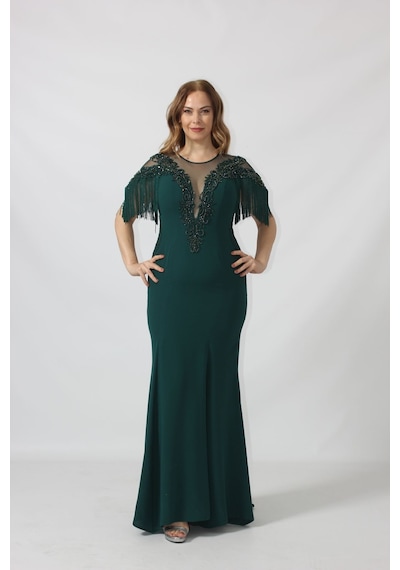 Moda Berray 80099 İşlemeli Püsküllü Büyük Beden Uzun Abiye Siyah