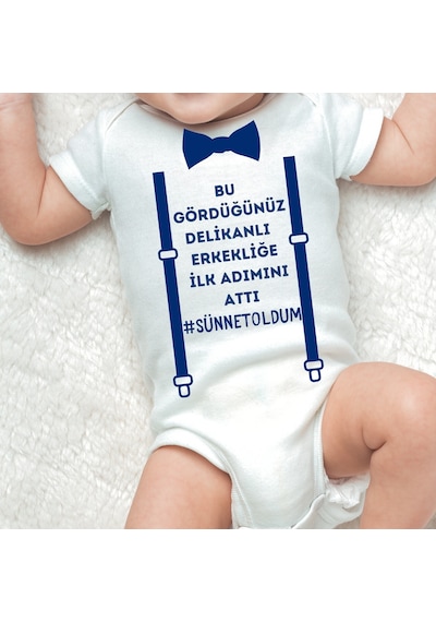 Harmandar Sünnet Oldum Erkekliğe İlk Adım Baskılı Çıtçıtlı %100 Organik Pamuk Bebek Body Zıbın Beyaz