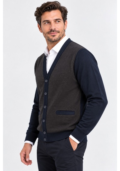 Bihan Store Erkek Çift Renkli V Yaka Düğmeli Örme Hırka - Klasik & Casual Şık 7206-lacivert