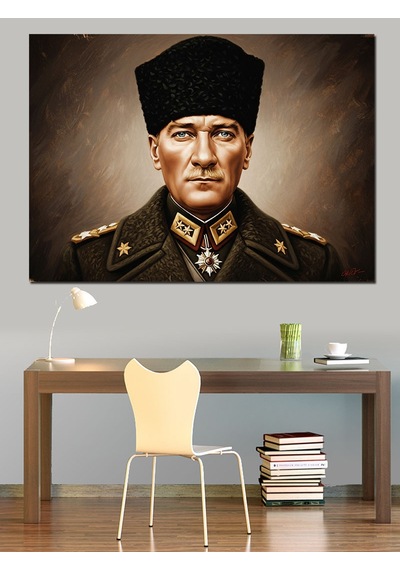 Yağlı Boya Kalpak Başlıklı Atatürk Portresi Dekoratif Kanvas - Mdf Ahşap Tablo
