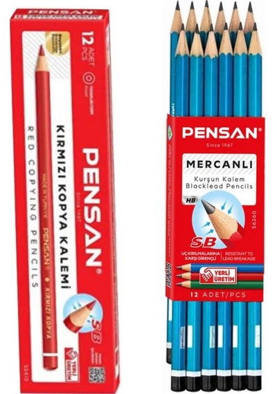 Pensan Mercanlı Kurşun Kalem 12 Adet + 12 Adet Kırmızı Kopya Kalemi Kırmızı