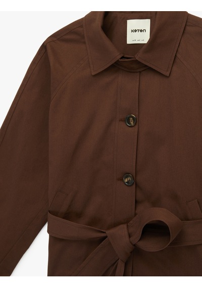Koton Uzun Kollu Düğmeli Cepli Kemerli Kısa Gabardin Trençkot Kahverengi 6sak00046ew Kahve