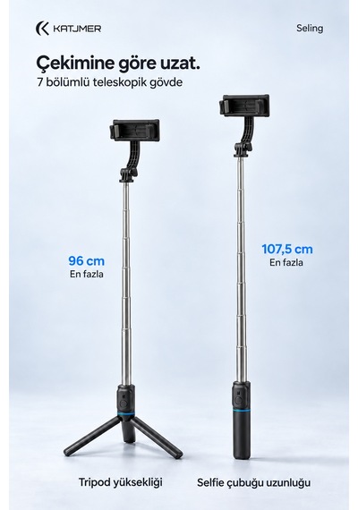 C01 Seling Bluetooth Kumandalı Tripod Selfie Çubuğu 107,5 Cm, 7 Bölümlü, Çıkarılabilir Tutucu, Cr2032 - Siyah