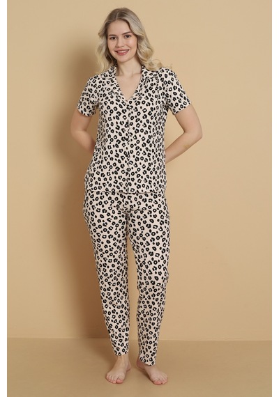 Wordex Mirano 9509 Leopar Desenli Pegasus Kumaş Düğmeli Kısa Kolu Kadın Pijama Takımı