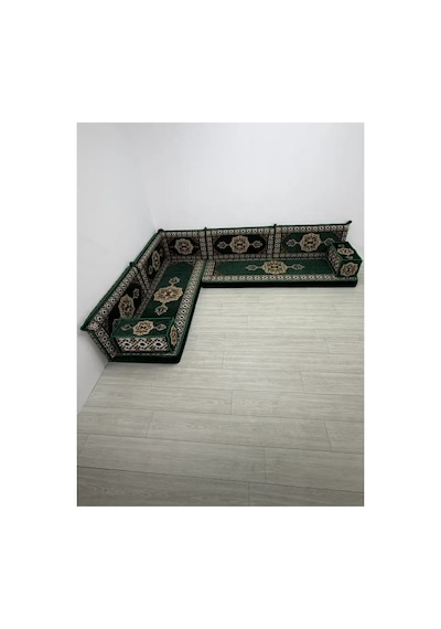 Güneş Modeli Yeşil Otantik Şark Köşesi Takımı L Set - Geleneksel Yer Minderi Seti 10 Cm Minder Kalınlığı 9 Parça