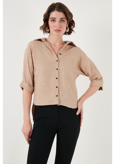 Lela Oversize Fit Önü Kısa Arkası Uzun Truvakar Kol Bayan Gömlek 5866116 Bej