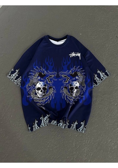 Wear Vexel Unisex Bisiklet Yaka Baskılı Oversize T-shirt - Lacivert Lacivert
