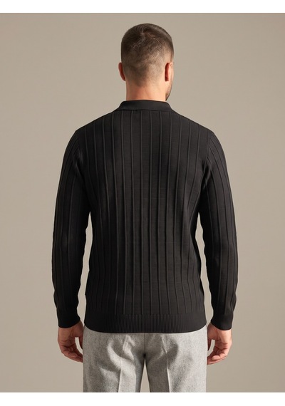 Maccali Erkek Siyah Fitil Detaylı Fermuarlı Polo Yaka Triko Sweatshirt