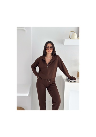 Gugus Kadın Yarım Fermuarlı Model Beli Lastikli Dar Paça Eşofman Takımı Kahverengi