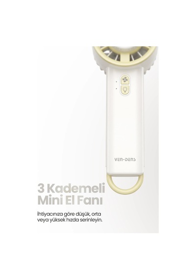 Ven-dens Vd-fan003 800 Mah Usb Şarjlı Mini El Vantilatörü, 3 Kademeli Hız, Taşınabilir Tasarım, Beyaz