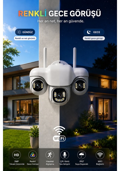 Wifi 3 Motorize Kameralı Adaptörlü Gece Görüşlü Hareket Takipli Güvenlik Kamerası