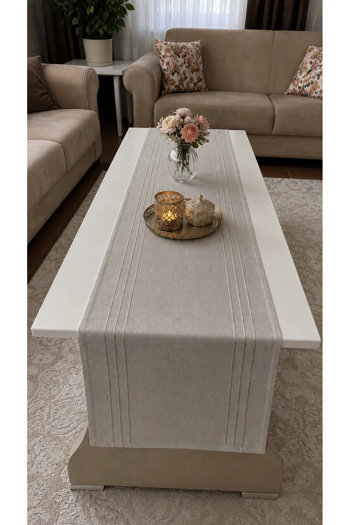 %100 Polyester Dertsiz Leke Tutmaz Şerit Desenli Runner Masa Örtüsü 34x200 Cm Taş Gri