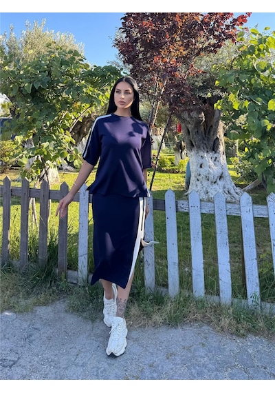 WeShaya Laci %100 Pamuk Yandan Çizgili Midi Takım Lacivert