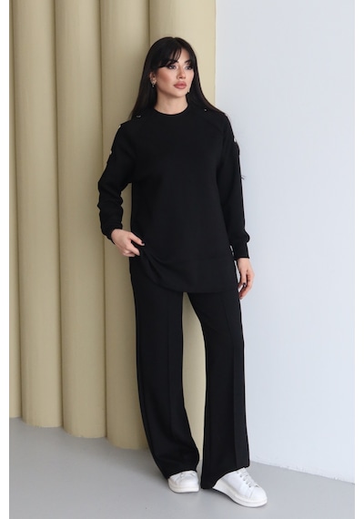Balenbi Omuz Çıtçıt Detaylı Bisiklet Yaka Oversize Modal Tesettür Takım 1178 Siyah