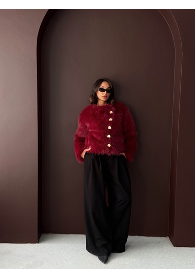 Verymoda Tavşan Tüyü Dügmeli Kaban F1970 Bordo