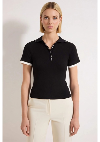 Benerly Kadın Bluz Polo Yaka Kısa Kol Fitted Fitilli Örme Biyeli Esnek Ka siyah