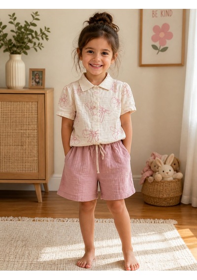 West Sky Müslin Kumaş Kurdela Desenli Şortlu Kız İkili Takım 3-10 Yaş -8493400 - Pembe