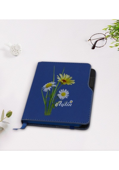 Kişiye Özel Papatya Temalı Lacivert Termo Deri Defter-11