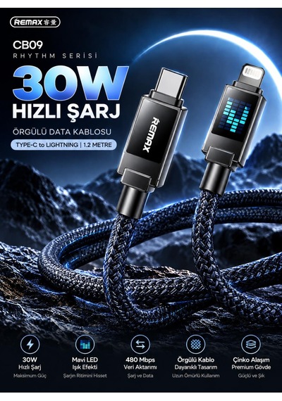 Remax Cb09-cl Rhythm Serisi 30w Type-c To Lightning Mavi Led Işıklı Örgülü Hızlı Şarj Ve Data Kablosu 1.2 Metre