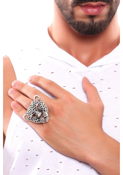 Erkek Antik Gümüş Kaplama Ayarlanabilir Leopar Yüzük N11.11409 Gümüş