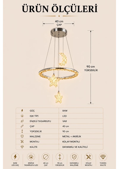 Modern Premium Gold Ay Yıldız 3 Renkli Ledli Sarkıt Avizesi Çocuk Genç Bebek Odası Modelleri 84w
