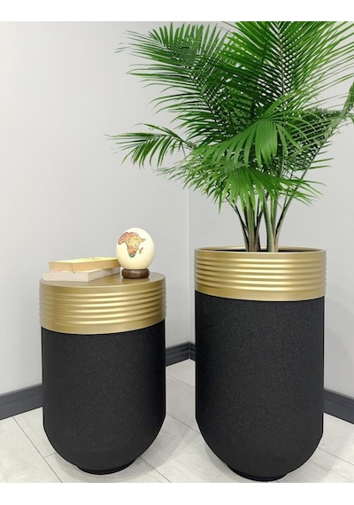 Elegant Dekoratif Eskitme Darbuka Siyah Saksı 70cm + Sehpa 60cm İkili Set