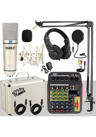 Midex Vokal Paket-2 CX1 Stüdyo Mikrofon 6 Kanal Stüdyo Kayıt Mikseri Kulaklık ve Full Set