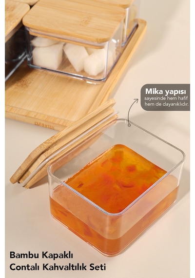 6 Parça Bambu Kapaklı Kahvaltı Saklama Kabı - Bambu Tepsili Hava Almaz Vakum Kapak Kahvaltılık Set Bej