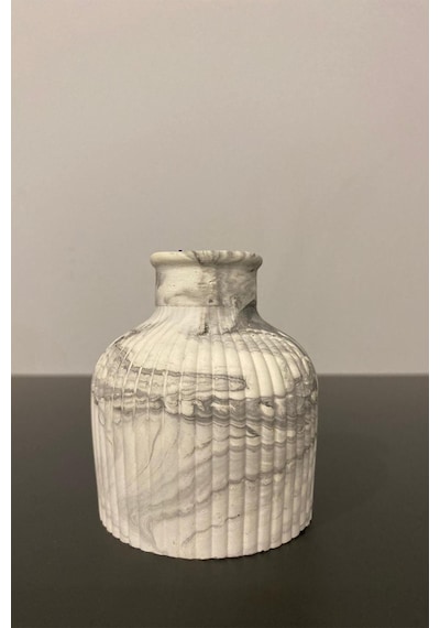 Mini Mermer Desen Çizgili Dekoratif Vazo Biblo 7x10 Cm Beyaz
