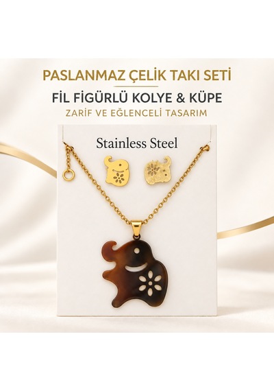 Paslanmaz Çelik Fil Figürlü Kolye Ve Asimetrik Küpe Seti Altın