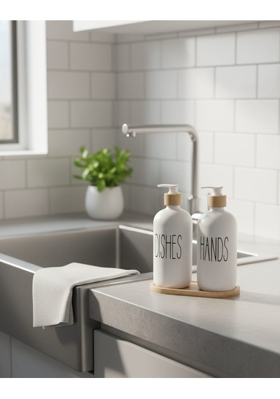 2'li Sıvı Sabun Ve Bulaşık Deterjanı Seti 500 Ml Hacimli Bambu Kapak Ve Ahşap Standlı Ahşap - Beyaz