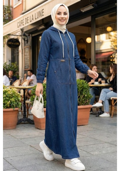 Hb Harma Time Butik Kadın Kapüşonlu, Cepli Ve Fermuarlı Koyu Mavi Kot Kap