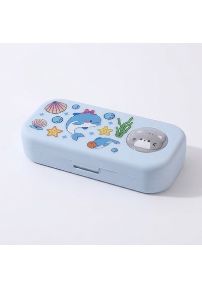 Sevimli Kawaii Figürlü Kalem Kutusu Çok Bölmeli Çift Katlı Büyük Kapasiteli Kalem Kutusu Sticker'lı Kalem Kutusu Sticker Yapıştırılabilir Kalemlik Sticker Kalemlik Mavi