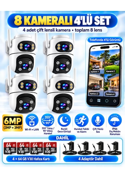 İcsee Set 8 Kameralı 4 Sabit+4 Hareketli Akıllı Güvenlik Kamera Seti 64gb Hafıza Kartlı