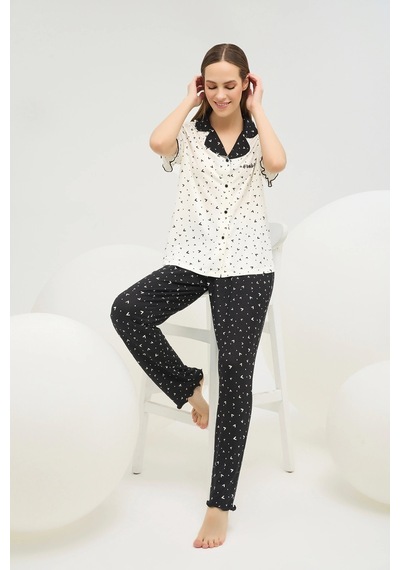 Sevim 16690 Kadın Baskılı Düğmeli Pijama Takım 25y Ekru