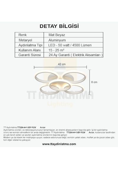 Tt304-4+1-By Yuvarlak Tt Aydınlatma Mat Beyaz 5 Li Led Avize
