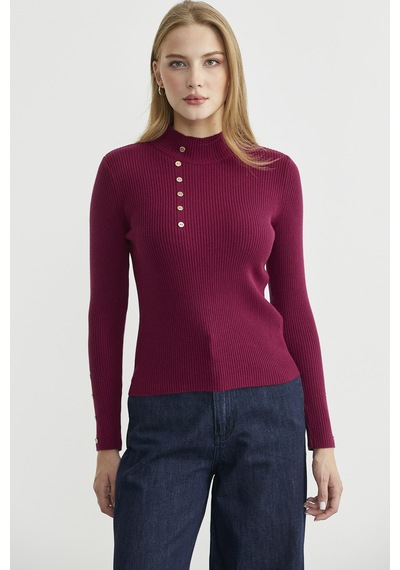Sementa Fitilli Dik Yaka Basic Triko Kazak - Bordo Bordo
