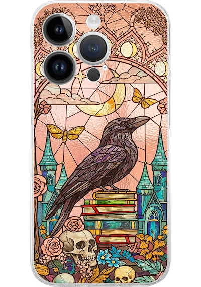 Printify Apple Uyumlu iPhone 14 Pro İle  Vitray Bilge Kuzgun Tasarımlı Şeffaf Silikon Kılıf Şeffaf