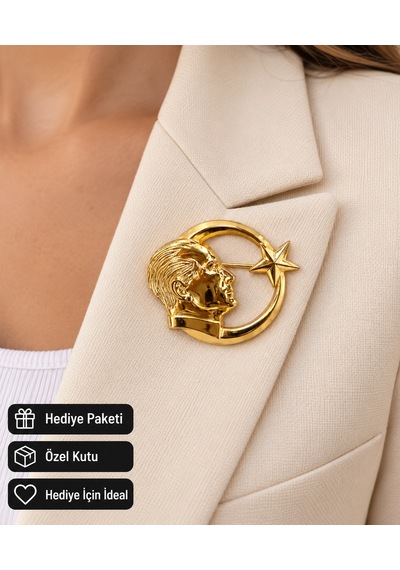 Atatürk Profil Figürlü Ay Yıldız Broş Gold Renk Şık Ceket Aksesuarı Açık Gri