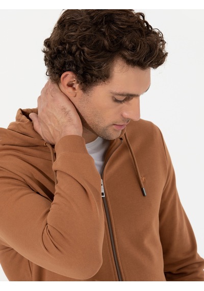 Camel %100 Pamuk Tam Fermuarlı Kapüşonlu Sweatshirt Kahverengi