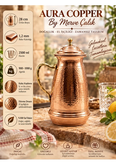 Aura Copper Klasik Kapaklı Ağır El İşlemeli Bakır Sürahi 2,5 L 1,2 Mm İçi Kalaylı