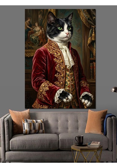 Saray Kıyafetli Aristokrat Kedi Portresi Dekoratif Kanvas - Mdf Ahşap Tablo
