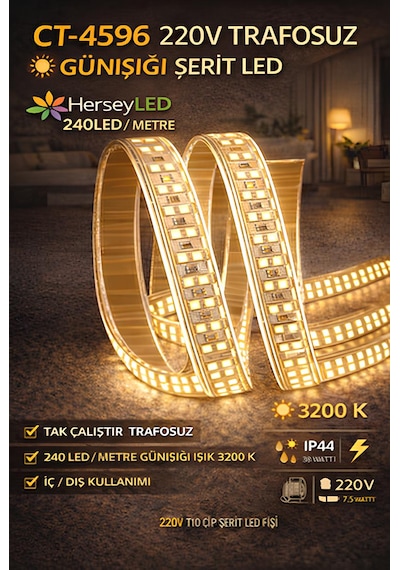 220v Trafosuz Yapışkanlı Dış Mekan Şerit Led 3 Metre Gün Işığı