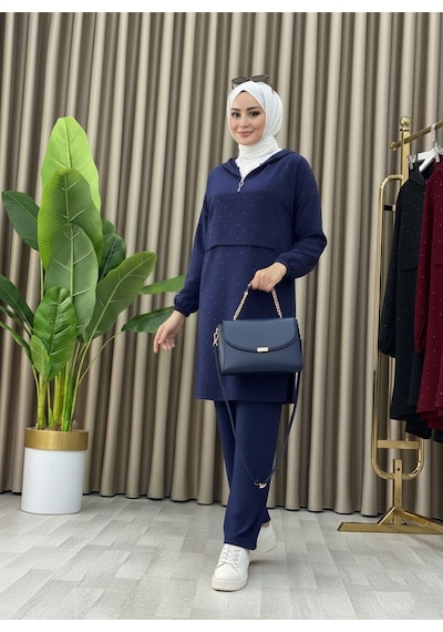 Mismoly Taş Detaylı Kapüşonlu Fermuarlı İkili Tunik Takım Lacivert