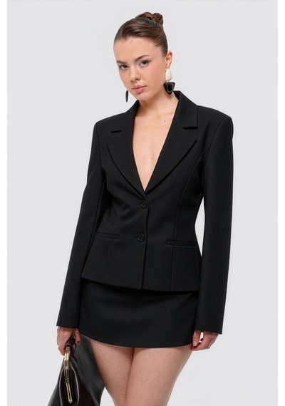 Thalure Kadın Siyah Vücuda Oturan Kısa Klasik Blazer